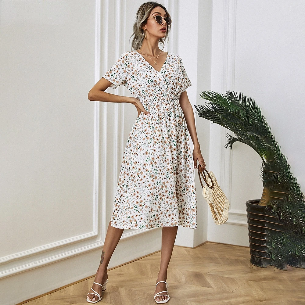 

2021 Fashion Short Sleeve Dress Women Summer Casual V Neck Slim Floral Print White Midi Dresses Elegant Vestidos