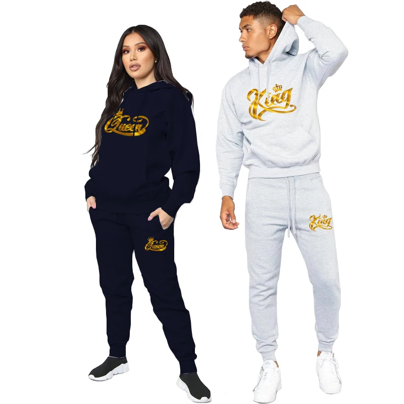 2022 Couple Sportwear Set KING Or QUEEN Printed Pullover Sportswear Hooded Suits 2 Pices Male and Female Hoodie and Pants Set images - 6