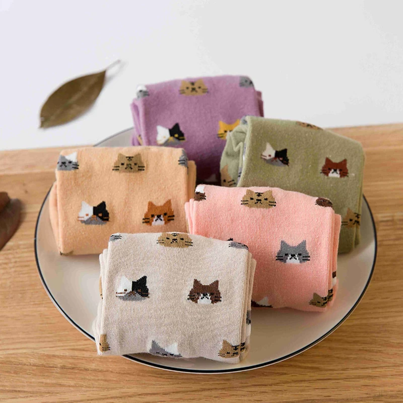 1Pair Cotton Mid Tube Socks Women' Breathable Cute Cat Printing Pattern Funny Sock Casual Autumn Winter Soft Warm MidCalf Length