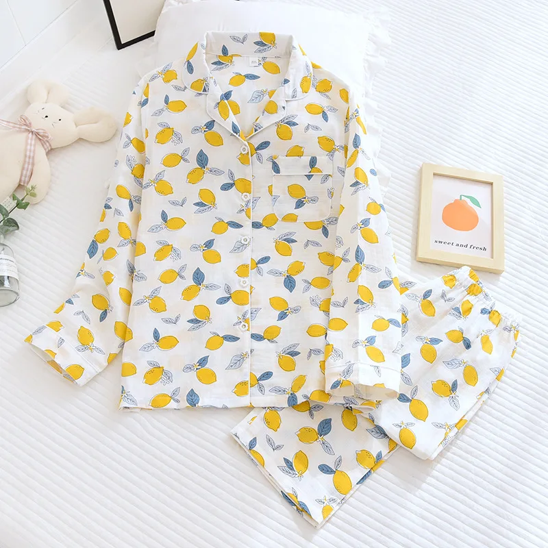 

Spring New Cotton Lounge Wear Women Sleepwear 2PCS Pajamas Set Casual Shirt&Pants Intimate Lingerie Soft Print Homewear