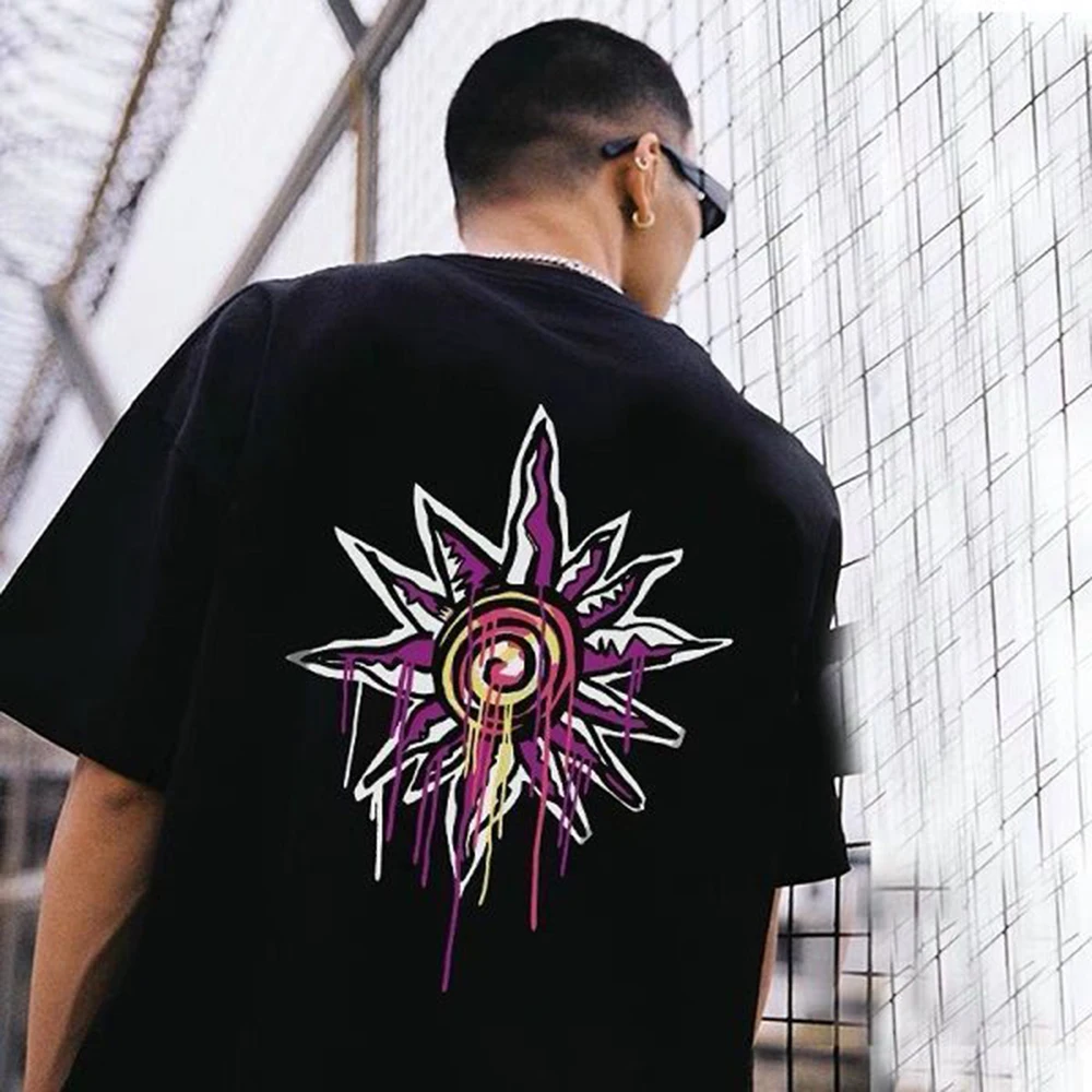 

2023 Hip-hop Casual Street Short-sleeved T-shirt Pure Cotton Summer New Graffiti Oil Painting Printing Loose Top Men's Clothing