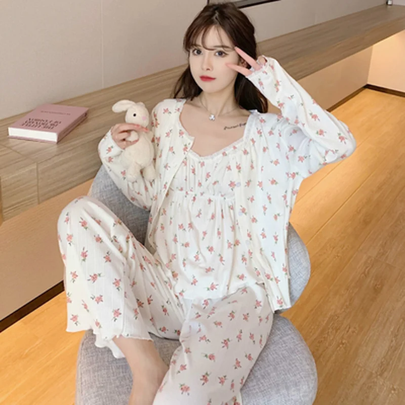 Women Pajamas Three Piece Set Chest Pads Chic Sleepwear Sweet Nightgown Camisole Cardigan Trousers Spring Summer Suit