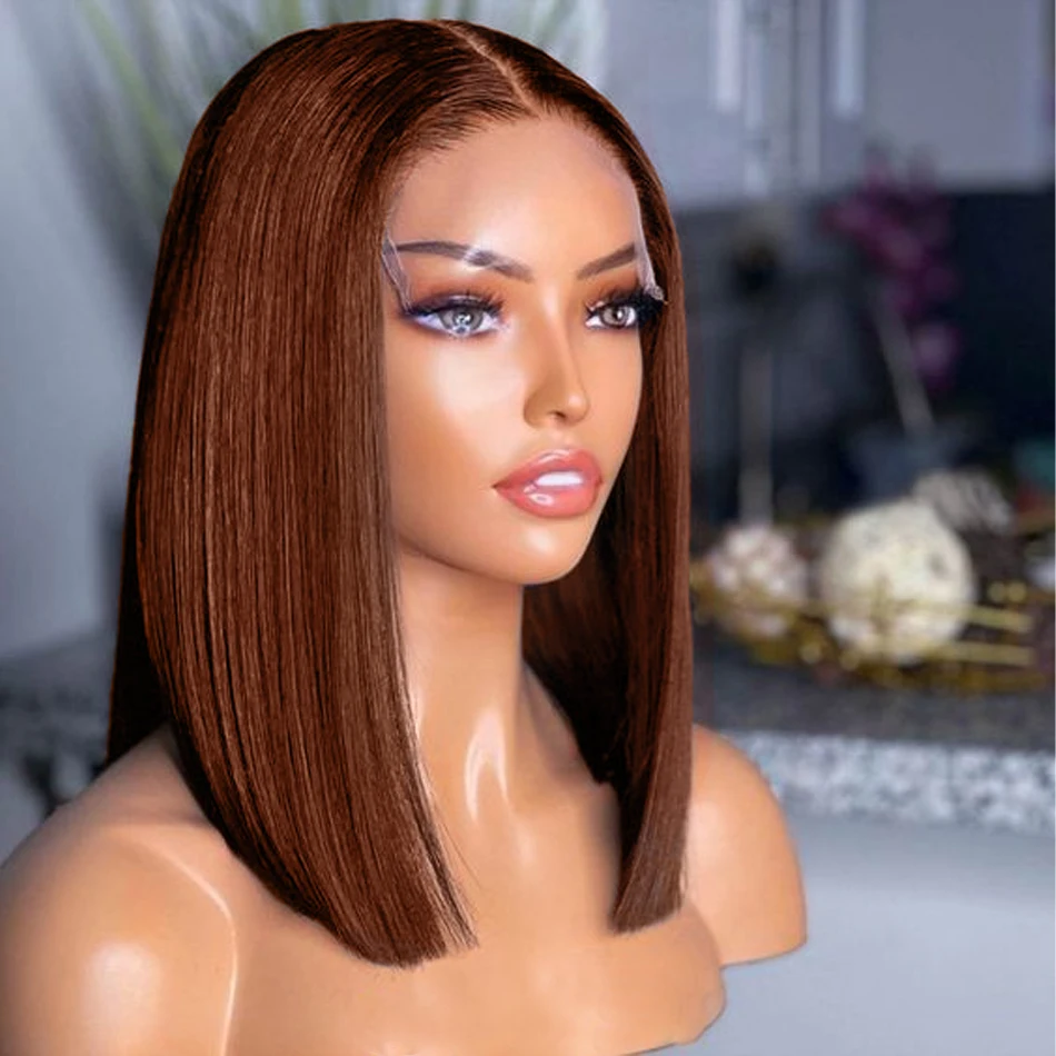 Brown Colored Straight Hair 5x1 Lace Short Bob Wigs Pre Plucked Brazilian Human Hair Wig For Women T Part Lace Wig 180% Density