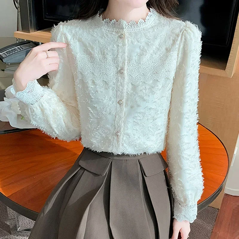 Модная женская рубашка с длинным рукавом бархатная утепленная кружевная