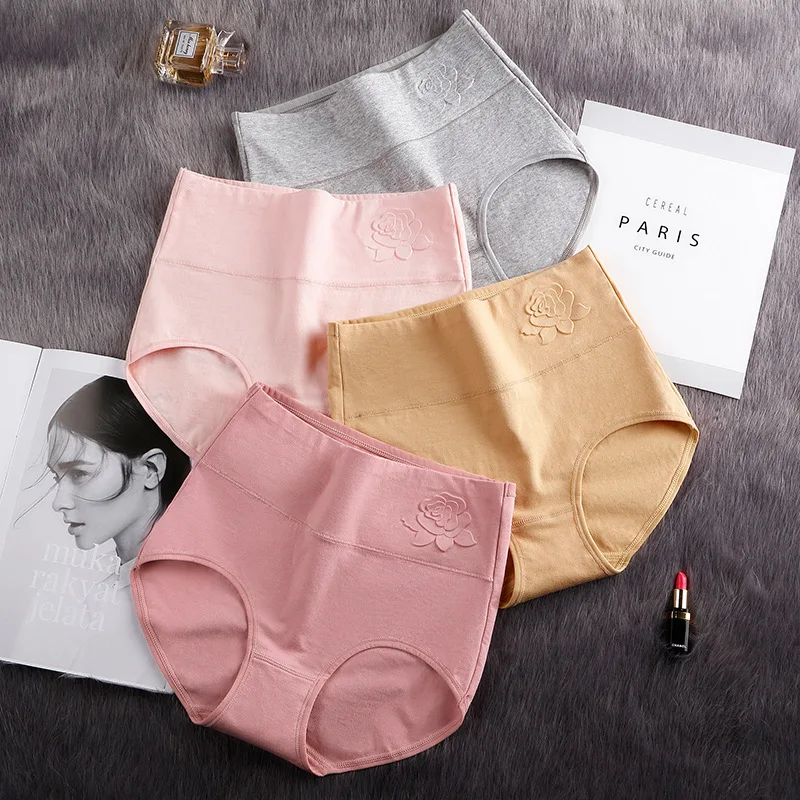 

Plus Size Panties Cotton Women's Panties Elastic Soft Underpanties Embossed ROSE Underwear Breathable Sexy High Waist Briefs