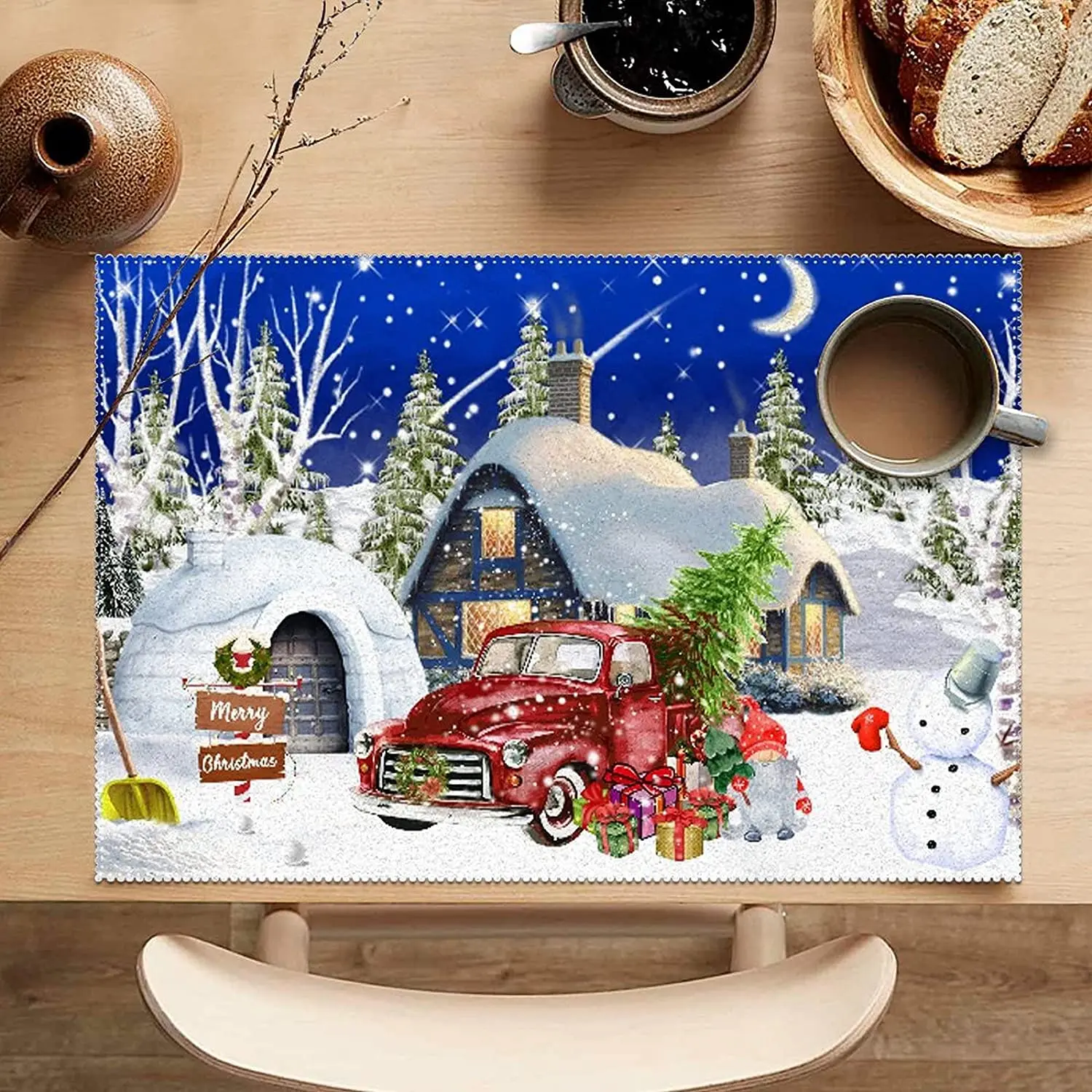 

Table Placemats Set of 4 Snowman Xmas Quote with Red Truck Rustic Winter Snowflake Table Mats Heat Resistant Tablemats