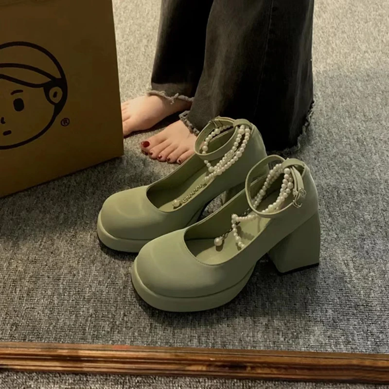 

French Retro Pearl Mary Jane Single Shoe 2023 New Women's Round Head Thick Heel High Heels Beaded Lacing Ladies Green High Heels