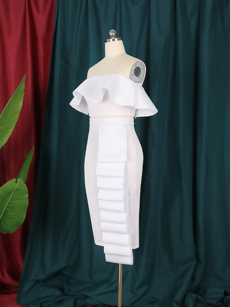 Women 2 Piece Sets Crop Tops Skirts Sexy Dinner Ruffles Off Shoulder Slim Jupes 2022 Fashion New Summer Backless Party Wear Suit
