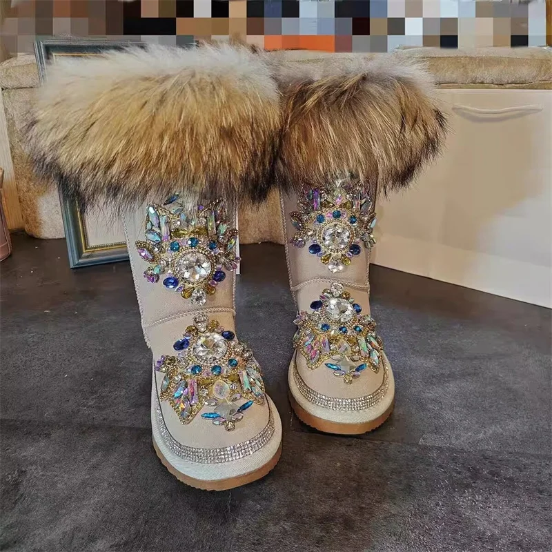 

Винтажные меховые сапоги «Все в одном», цветные теплые сапоги с рисунком из страз и бархата, женские сапоги ручной работы с лисьим мехом, размер 35-44