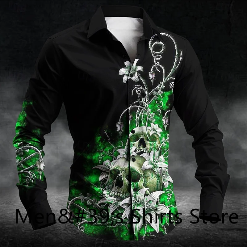 Рубашка мужская с длинным рукавом блуза цветочным принтом черепа на пуговицах