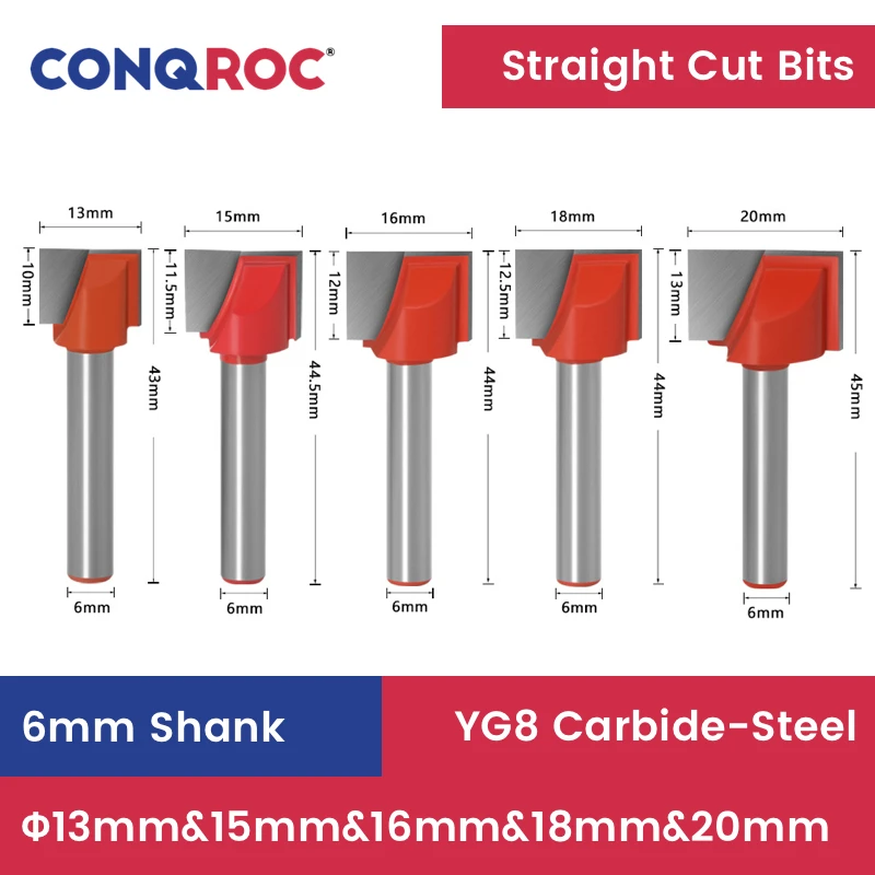 

6mm Shank Straight Cut Router Bits Set 5-Size Diameter-13mm&15mm&16mm&18mm&20mm