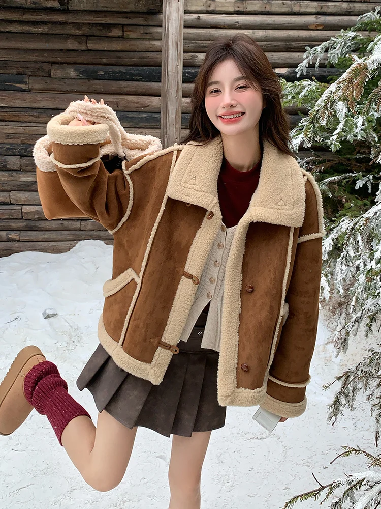 Корейская серия верхняя одежда из меха в стиле ретро женская овечьей шерсти