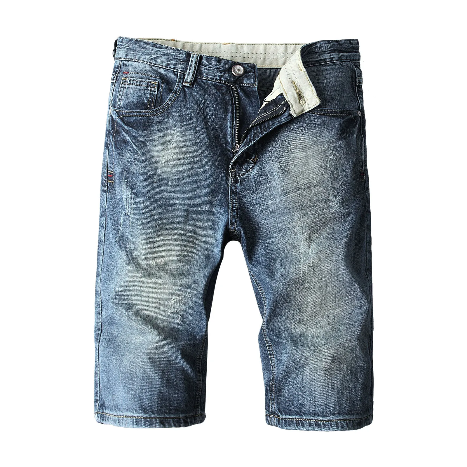 

Mens Fashion Casual Straight Hole Buckle Zipper Denim Shorts Pants Trousers