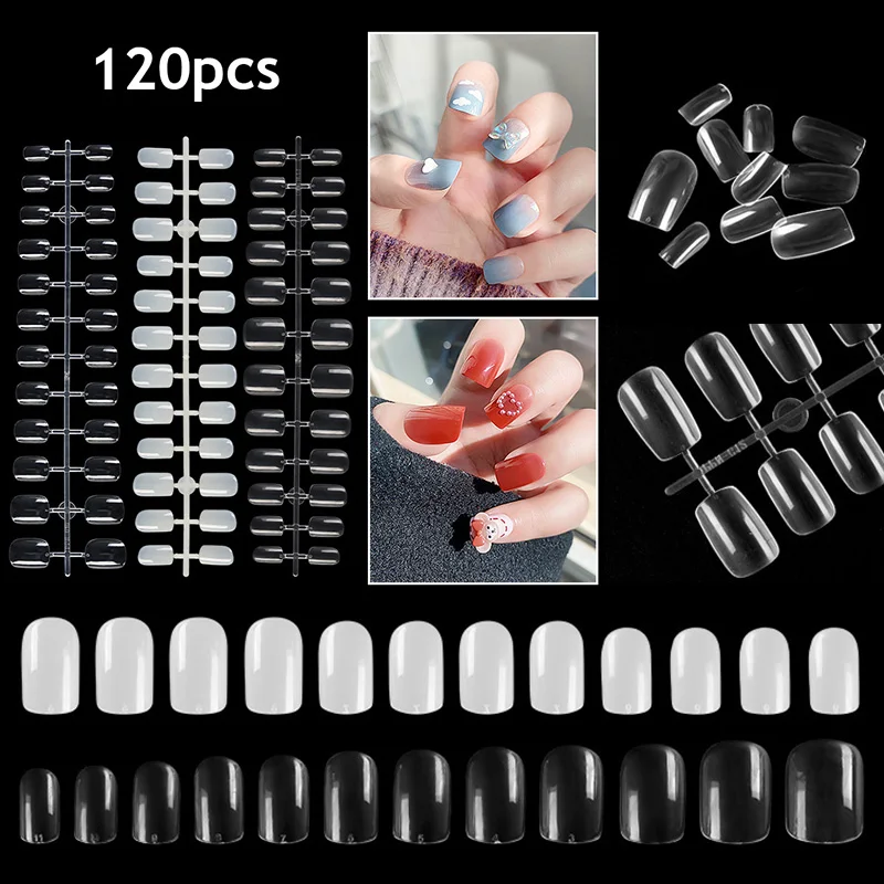 

120PCS/Bag Full Cover Nail Tips Transparent Natural Short Square Nails Press On Tips Nails Extension Professional Nails Supplies