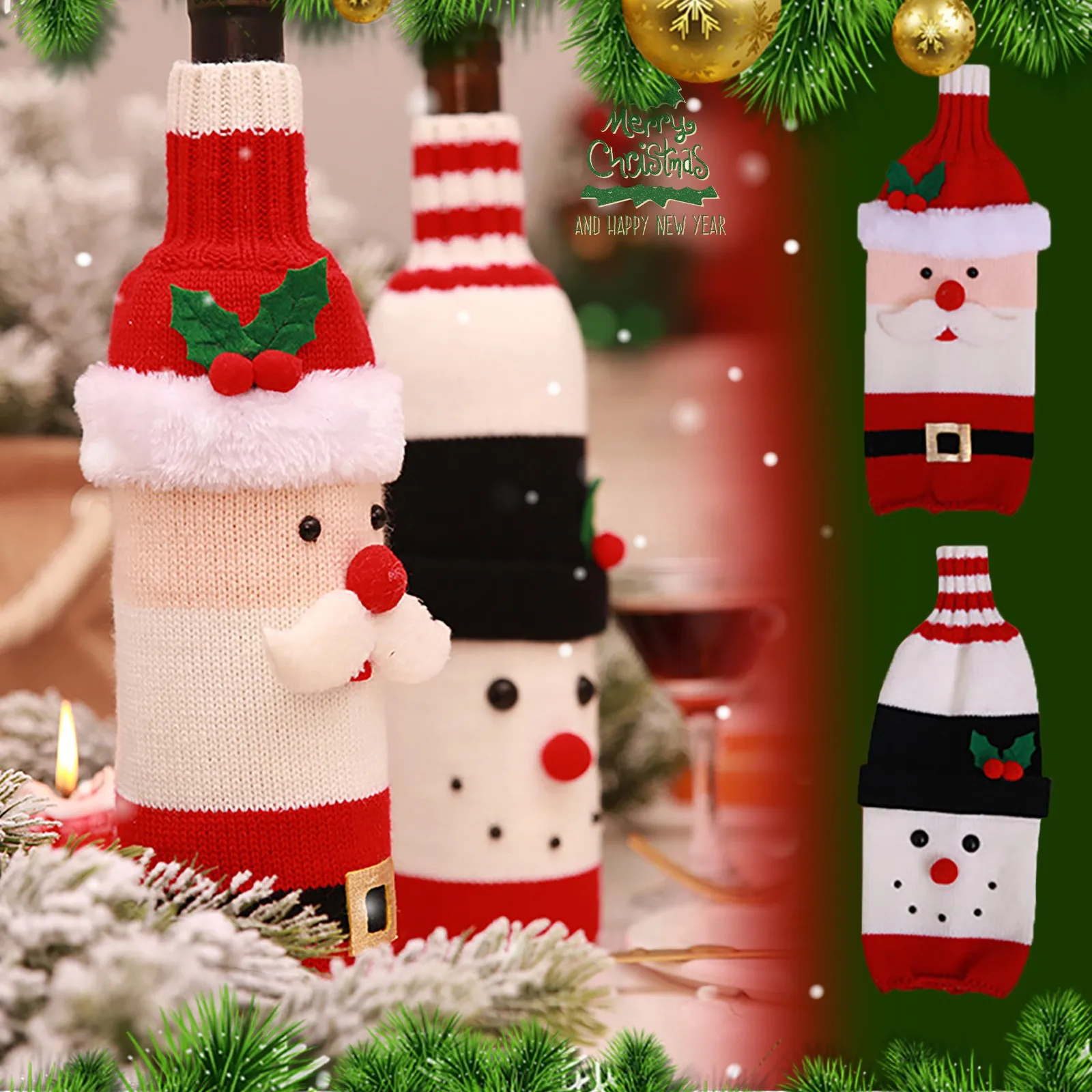 

Christmas Wine Bottle Cap Sweater Design Santa Snowman Christmas Home Party Decoration Tall Stemless Champagne Flutes