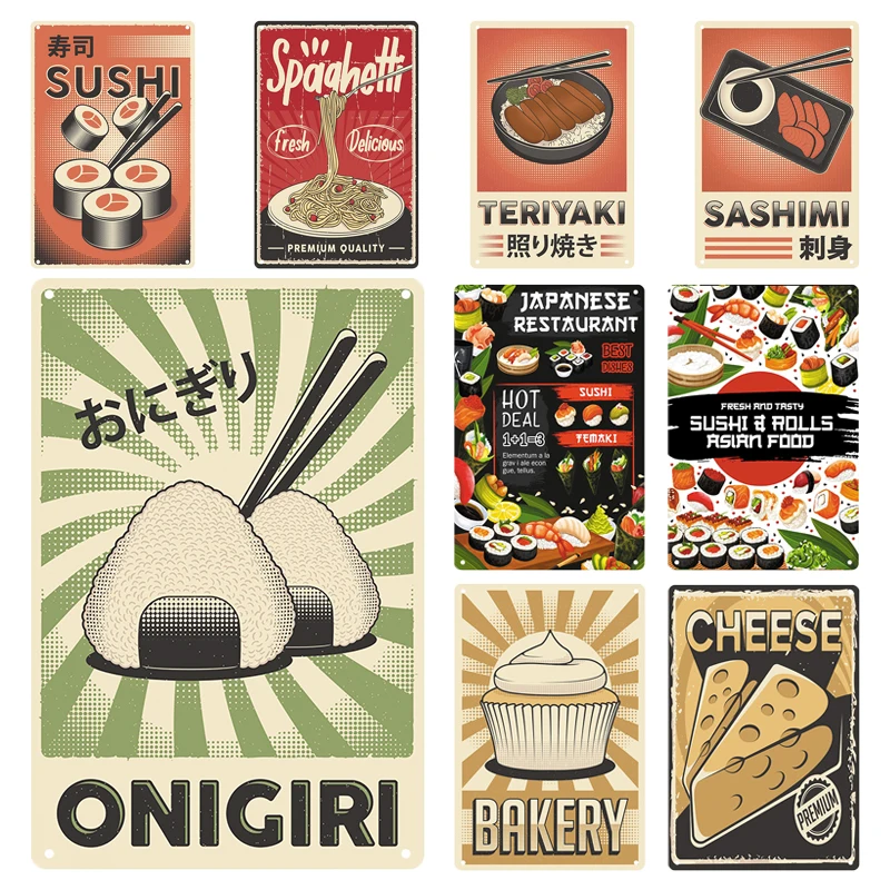 

Retro Vintage Tin Sign Traditional Japanese Food Onigiri Sushi Teriyaki Sashimi Metal Plaque For Shop Kitchen Home Wall Decor