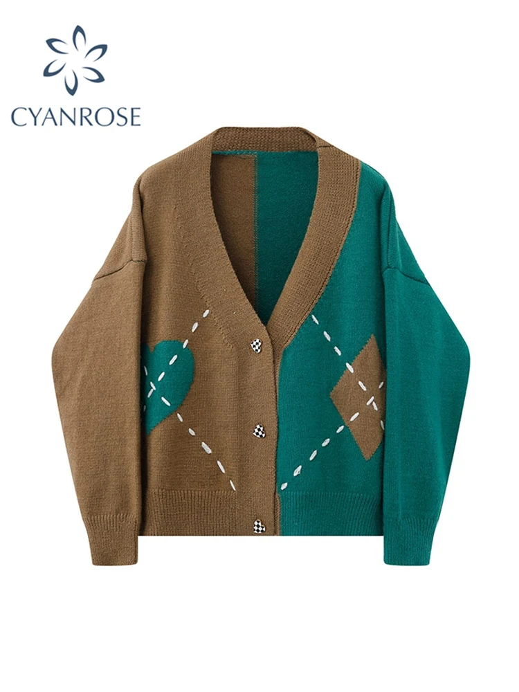 

Зеленый свитер с V-образным вырезом для женщин, Осень-зима 2022, корейский Свободный кардиган в стиле пэчворк, свитер, пальто, рубашка с длинным...