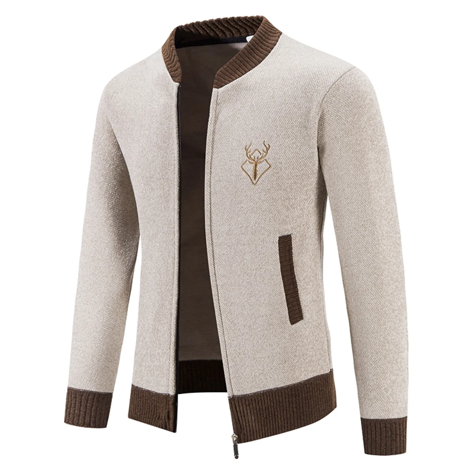 

Male Autumn And Winter Zip Cardigan Casual Stand Collar Long Sleeve Vacation Outdoor Knitted Wool Jacket Cardigan Coat For Men