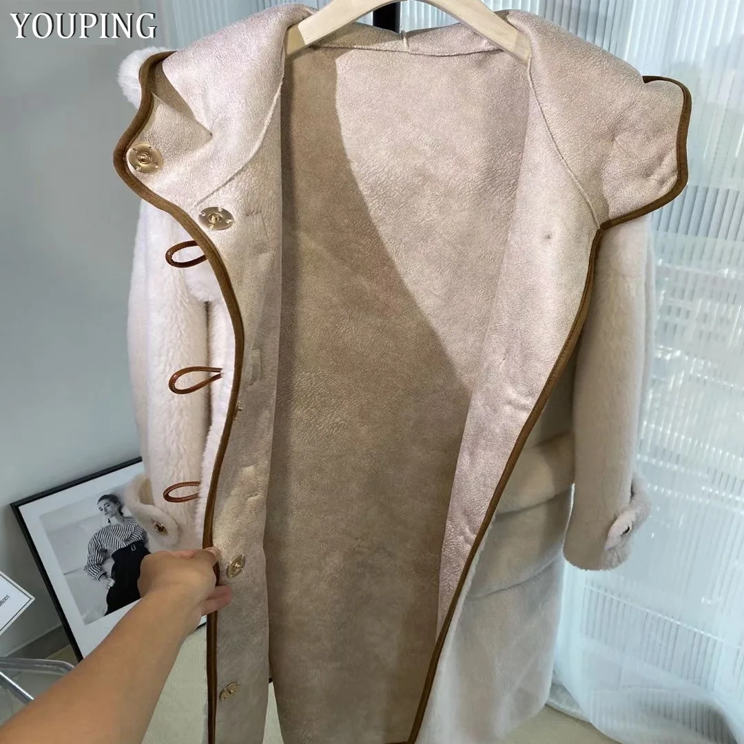 YOUPING Women 2022 Autumn Winter Real Fur Coat Hooded Sheep Shearling Jacket Wool Fur Coat Long Female Warm Genuine Fur Outwear