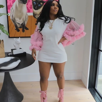 Perl Women Mesh Ruffles Flare Long Sleeve Patchwork O-neck T-shirt Style Dress 2023 Street Fashion Vestidos Evening Dresses 1