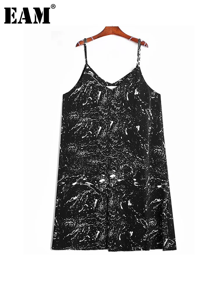 

[EAM] женское черное повседневное Шелковистое длинное платье на бретельках с принтом большого размера, новое свободное модное летнее платье ...