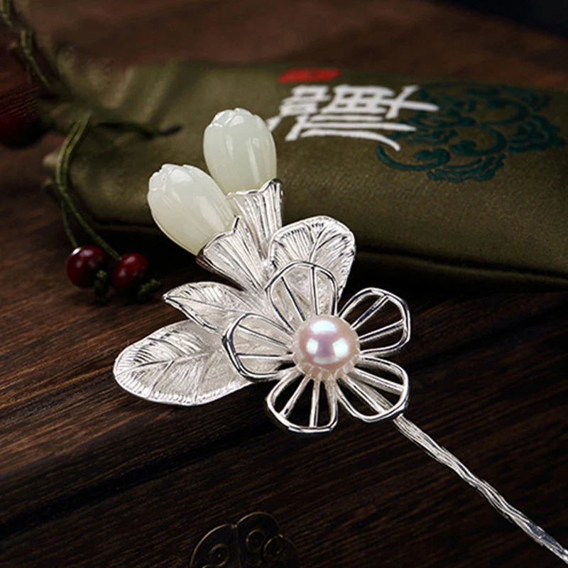

Серебряная инкрустированная натуральная жемчужная Цветочная шпилька из нефрита, изысканные антикварные ювелирные изделия Hanfu, аксессуары ...