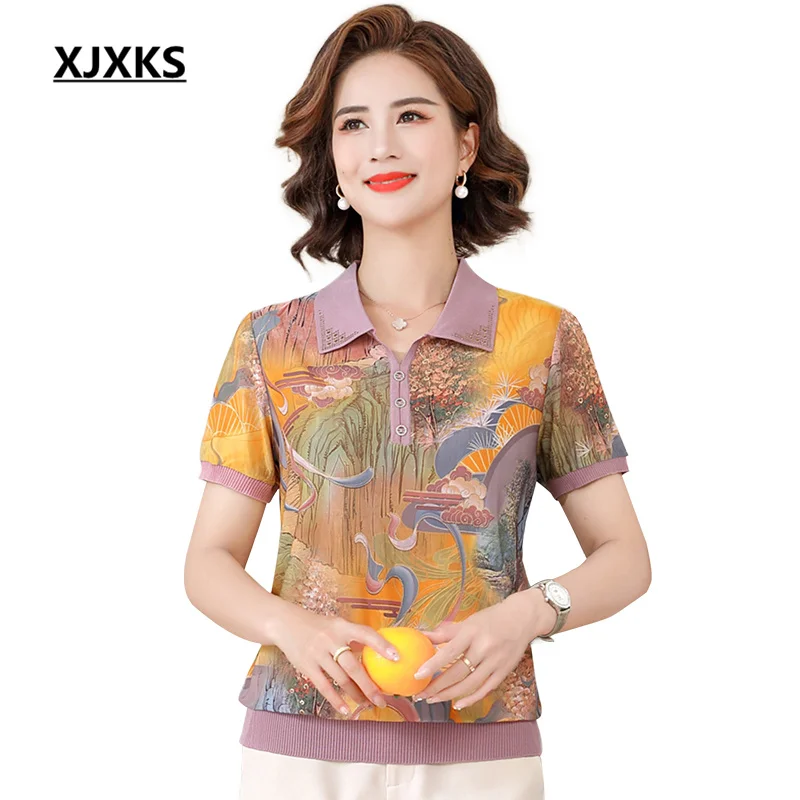 

XJXKS 2022 Summer New Latest Fashion Lapel Short Sleeve Crop Top Women's T-shirt Loose Large Size Printing Casual Camisetas