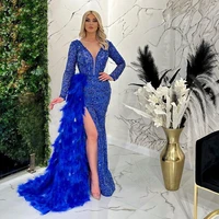 sexy feathers prom dress mermaid v neck evening gowns 2023 pageant dress custom made elegant slit adult clothes prom uniform
