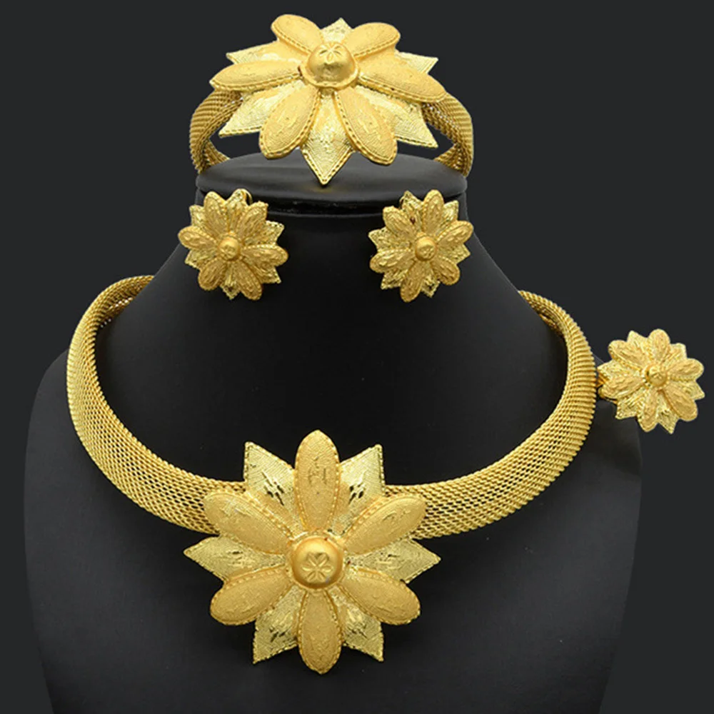 

Dubai Gold Color Jewelry Set For Women Indian Earring & Necklace Nigeria Bridal Gift Accessorie Wedding Design Bracelet Party