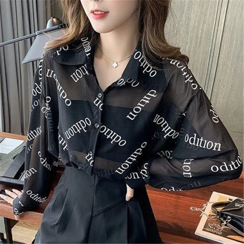 

Casual Chiffon Shirt Women Spring Summer Loose Letter Printing Long Sleeve Top Black White Shirts Woman Elegant Female Blouses