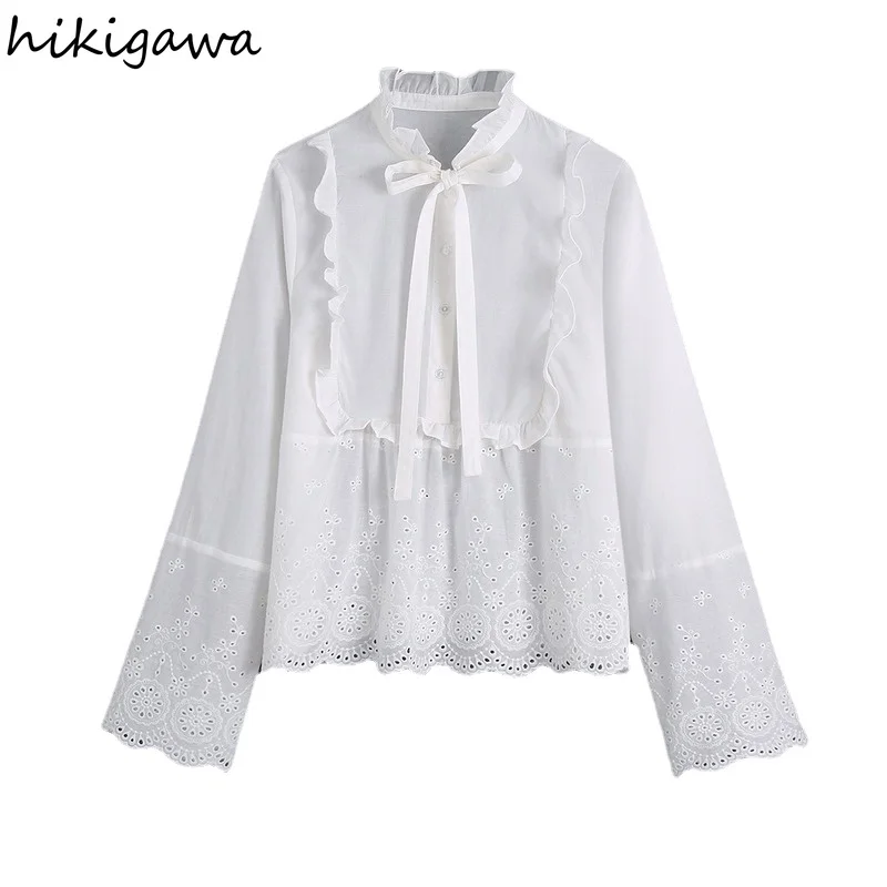 

Hikigawa Women Fashion With Tied Ruffled Button-Up Shirts Vintage Long Sleeve Hollow Embroidery Female Blouse Chic Tops Mujer
