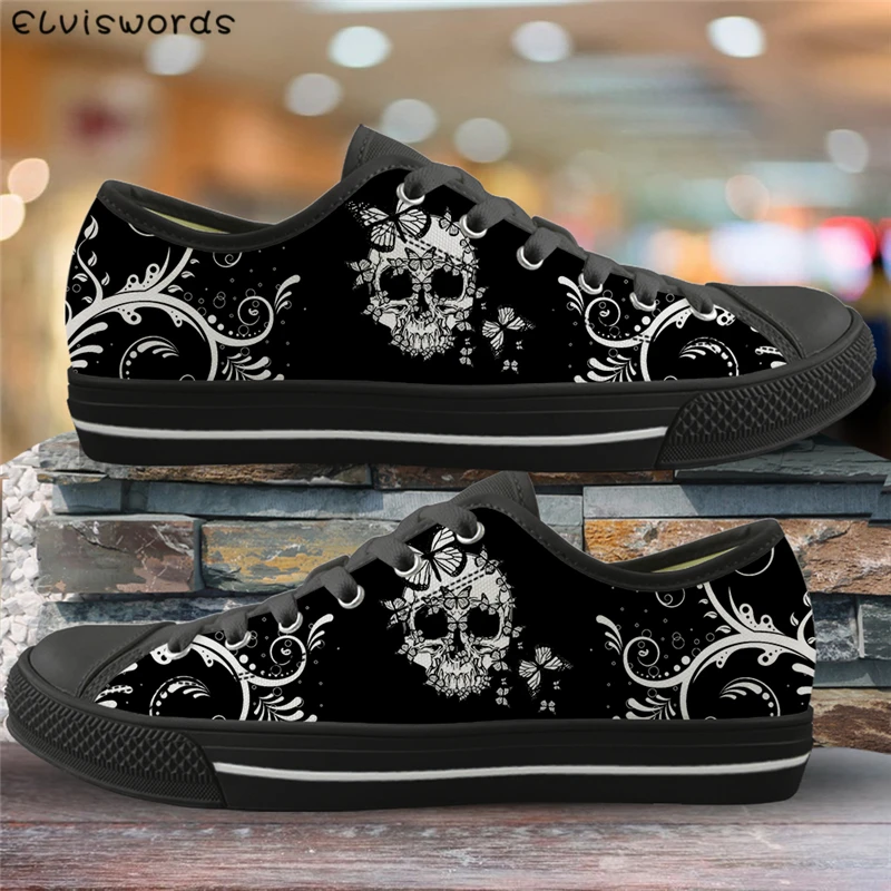 

ELVISWORDS Skull Butterflies Pattern Print Classic Black Flats Canvas Low Top Shoes Fashion Vulcanized Shoes for Woman 2022