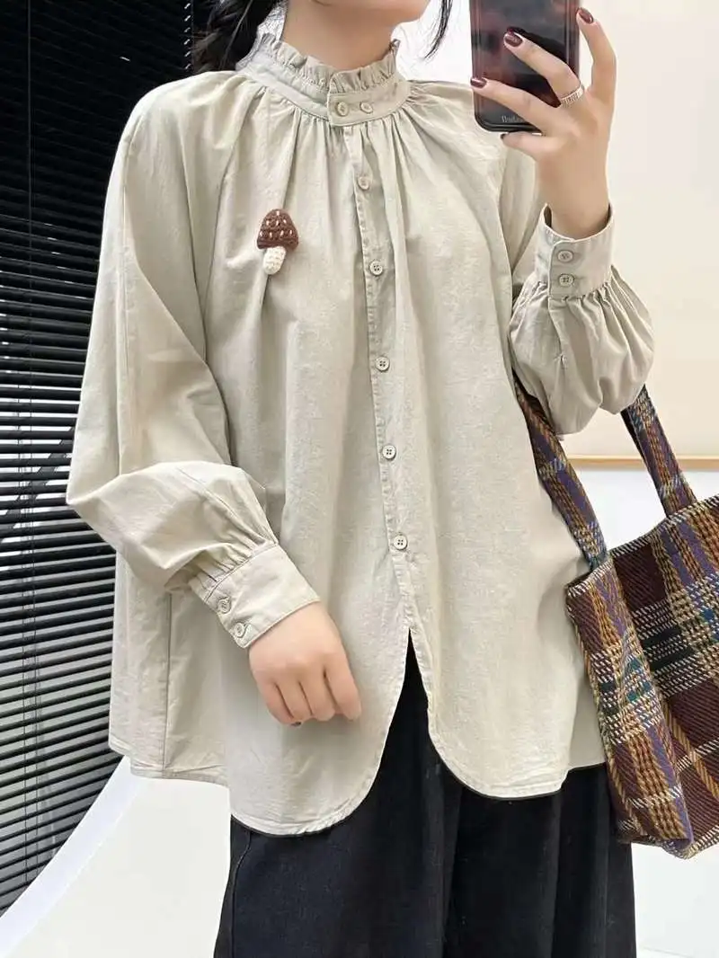 Рубашка и Блузка Женские однотонные с воротником-стойкой длинными рукавами