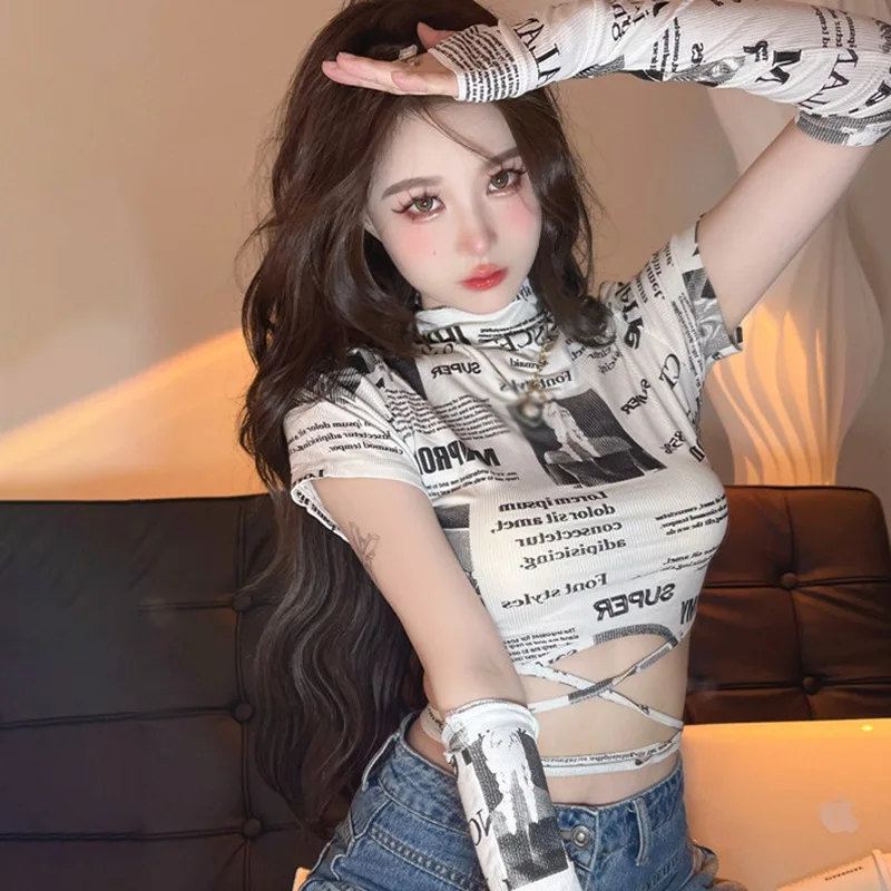 Облегающие Модные Ретро футболки с принтом газет облегающие сексуальные