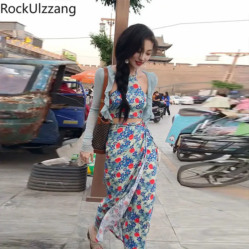 

Two Piece Set Camis Skirt Suit Boho Flower Bustier Halter Backless Crop Top Wrap Skirts Midi Long Lace-Up Sexy y2k Matching Cute