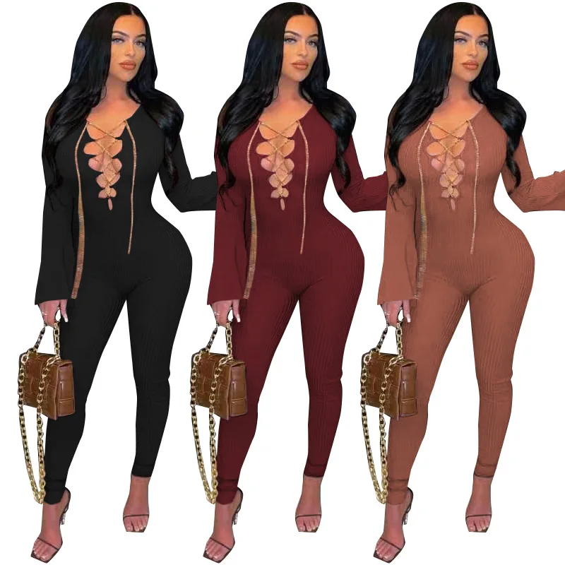

2023 Winter New Women's Jumpsuit Solid Color Black Wine Red Coffee Chain Strap Trumpet Sleeve Zipper Sexy Jumpsuit Pants