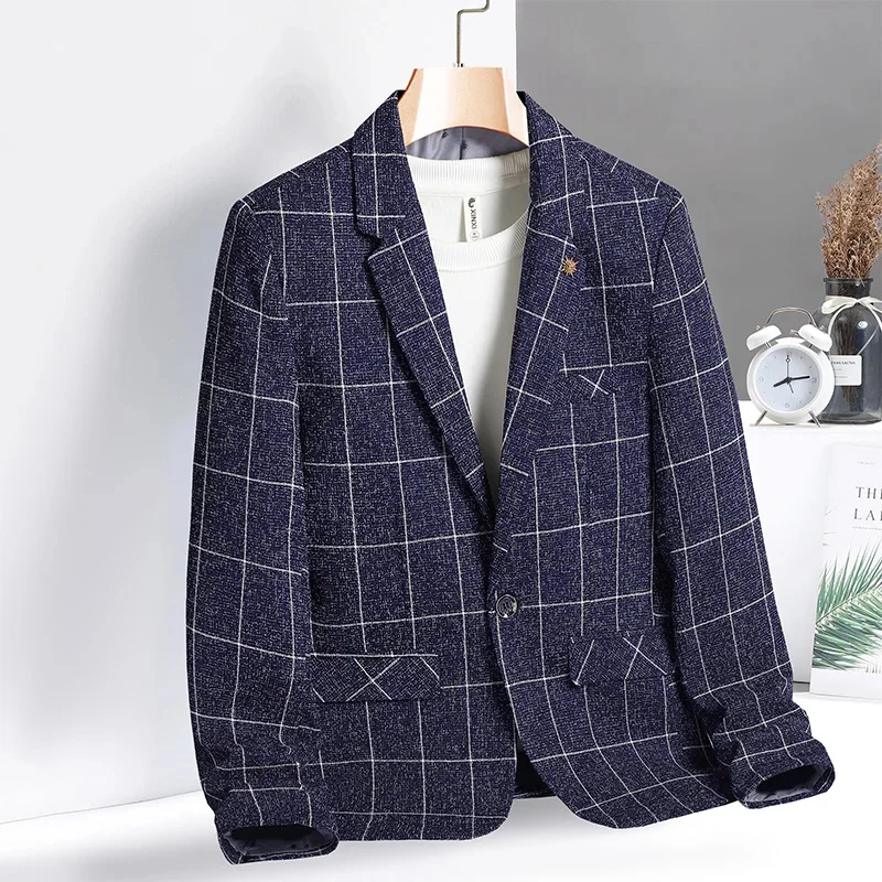 

Korea Fashion Blazers 2023 New Men's Plaid Black Long Sleeves Spring Autumn Cardigan Suit OverSize 4XL