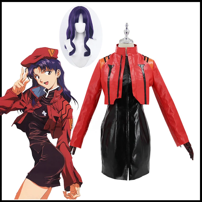 

Japan Anime Evangelion Misato Katsuragi Cosplay Wig Dress Coat Uniforms Halloween Maid Unform for Women Costume Full Set