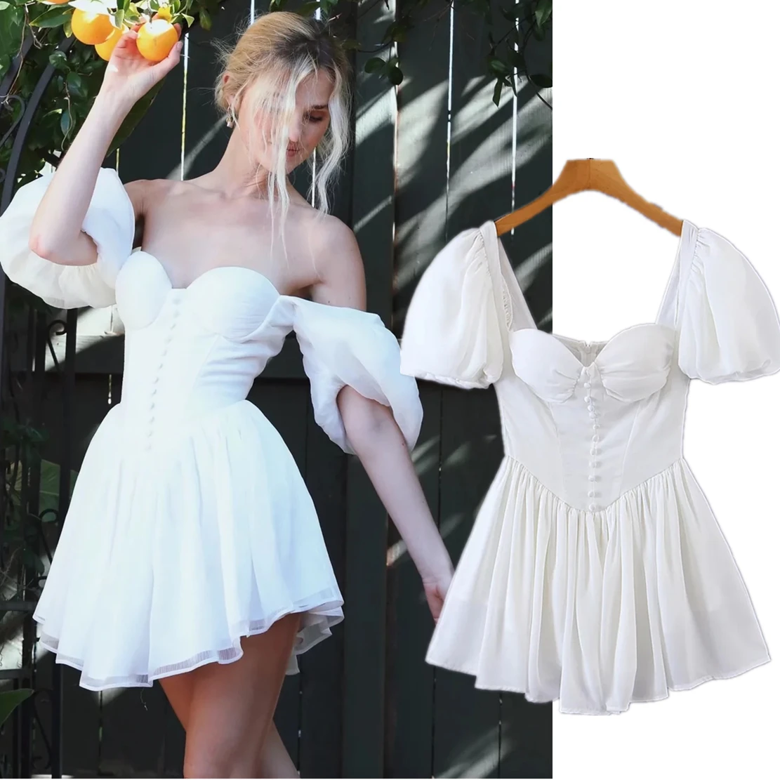 

Dave&Di Summer Puff Sleeve Fashion Elegant Party Dress Women French Style Vintage White Colar Off Shoulder Sexy Mini Dress