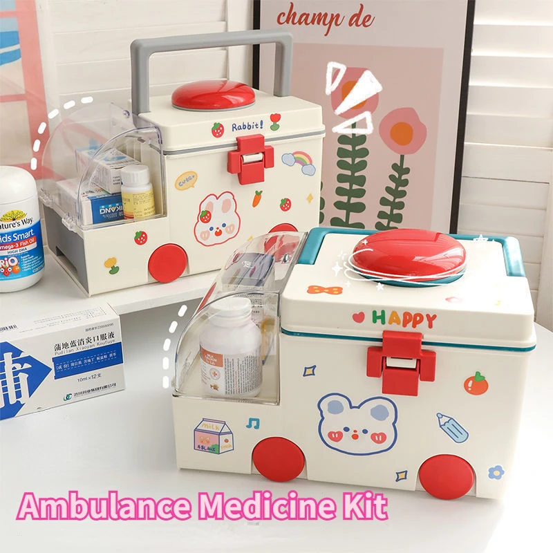 

Cute Ambulance Large-capacity Medicine Kit Storage Box Household Compartmental Medicine Box Office Storage Desktop Organizer