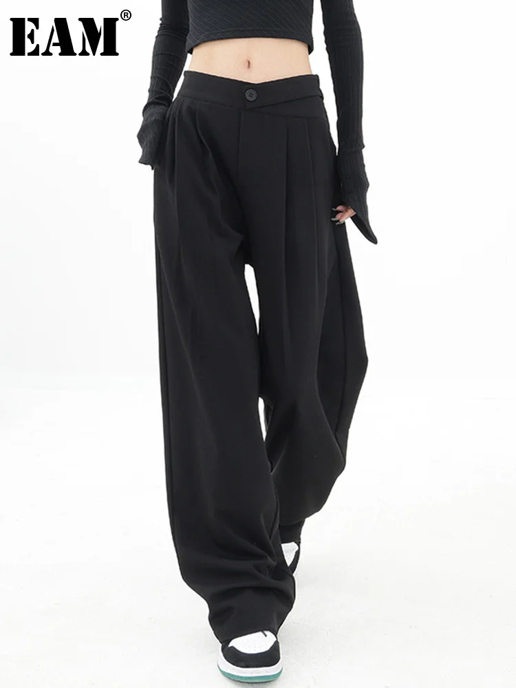 

[EAM] High Waist Black Brief Long Wide Leg Casual Pants New Loose Fit Trousers Women Fashion Tide Spring Autumn 2023 1DF5055