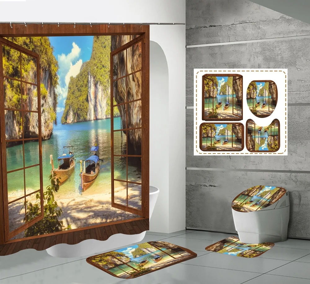 

Wooden Window Landscape Shower Curtain Boat Scenery Bathroom Curtains Set Beach Seascape Bath Mats Toilet Lid Cover Carpet Home