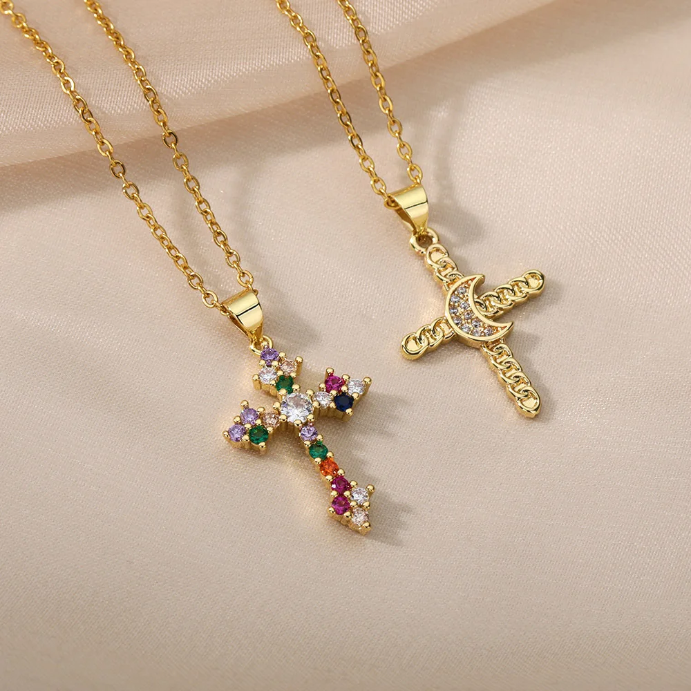 

Europe And America Popular Colorful Zirconium Cross Pendant Necklace Copper Plated 18K Gold Plated Religious Jewelry For Men And