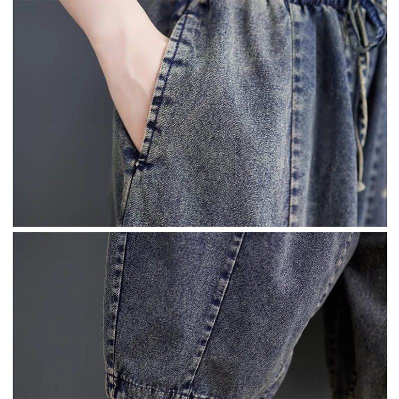 Женские литературные винтажные хлопковые джинсы свободные шаровары эластичный