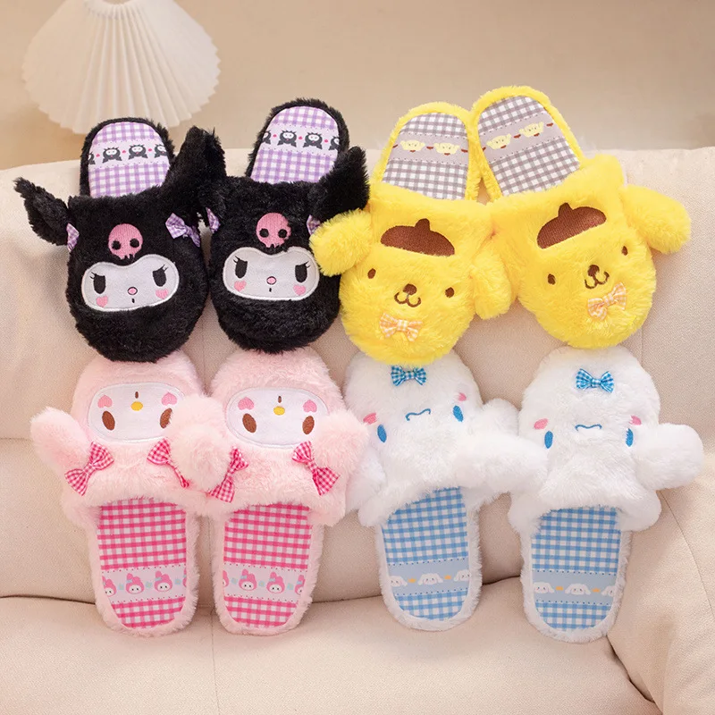 

Sanrio плюшевые тапочки, Симпатичные домашние хлопковые тапочки Kuromi Melody, Мультяшные коричные зимние теплые хлопковые тапки, подарок