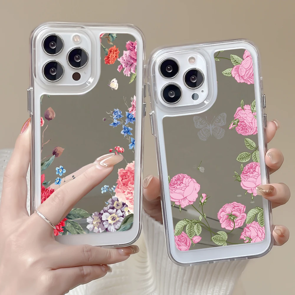 

Luxury Mirror Phone Case for IPhone 14ProMax 14Plus 13 12 11 Pro Max Transparent Soft Shockproof Fundas Flowers Floral Cover