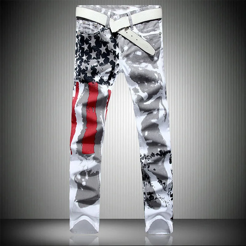 Men's White European And American Printed Jeans Trousers Plus Size Distressed Slim Fit Casual Straight Denim Pants Men