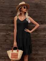 levaca womens summer black spaghetti strap v neck casual tiered hem slip dress