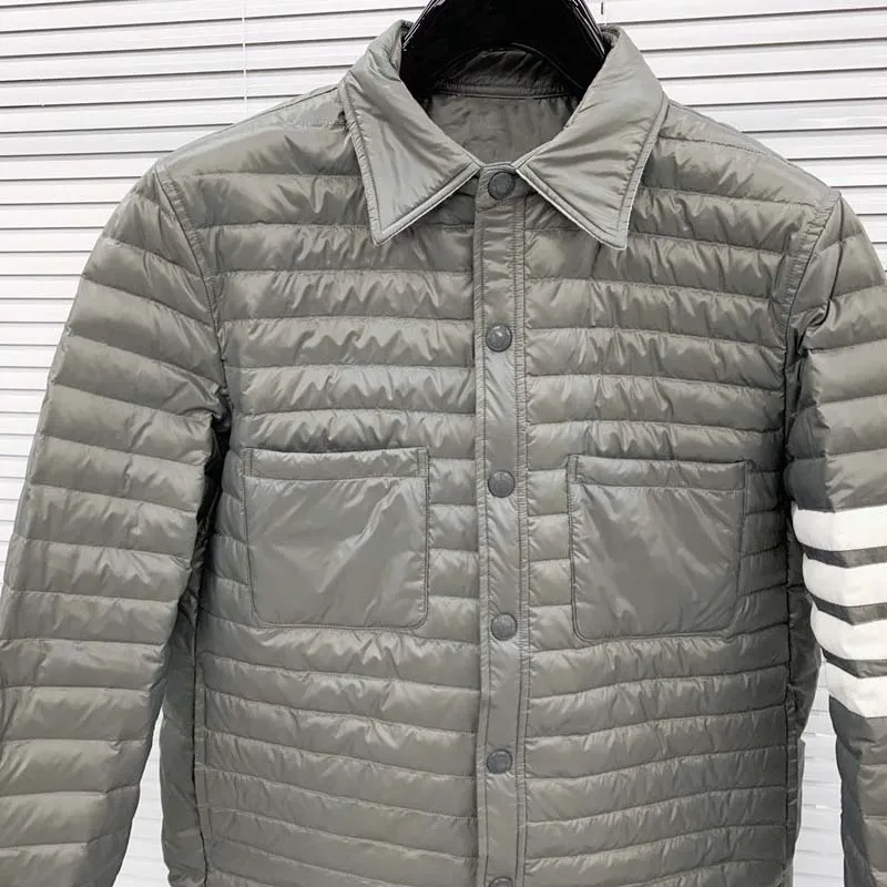 TB THOM Thin Down Jacket Classic White 4-Bar Striped Business Men Down Jacket Winter Slim Short Hooded Warm White Duck Down Coat