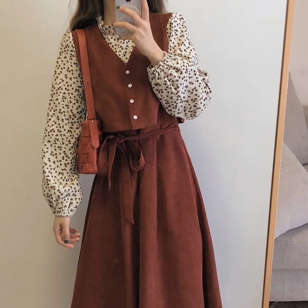 

Knit Sweater Women Autumn Dress Midi Floral Vintage Y2k Clothes Korean Style Fake Two-piece Elegant Casual Aesthetic Clothing